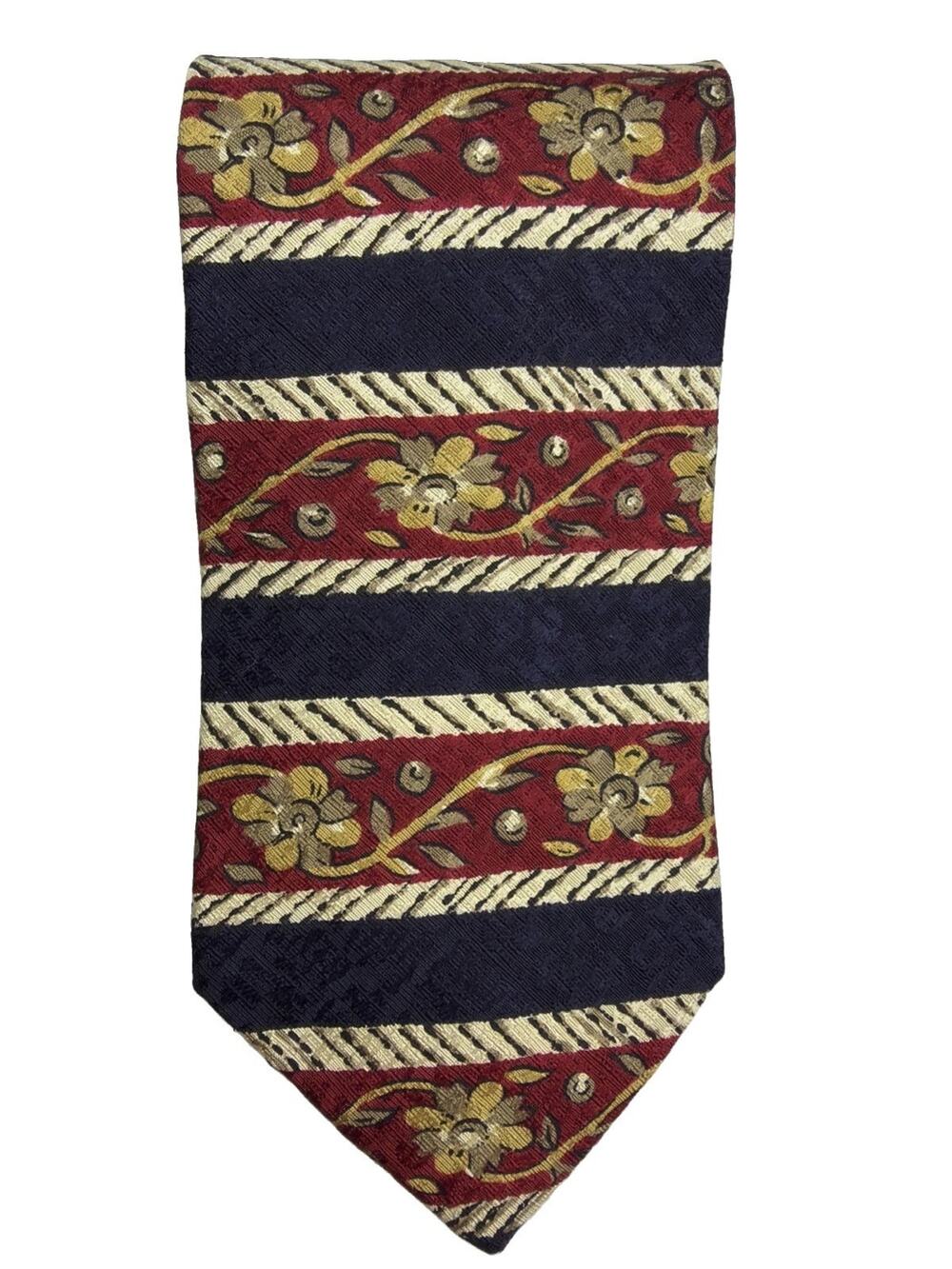 Geoffrey Beene Men's Tie 100% Silk Red Gold Blue Floral Striped Necktie USA